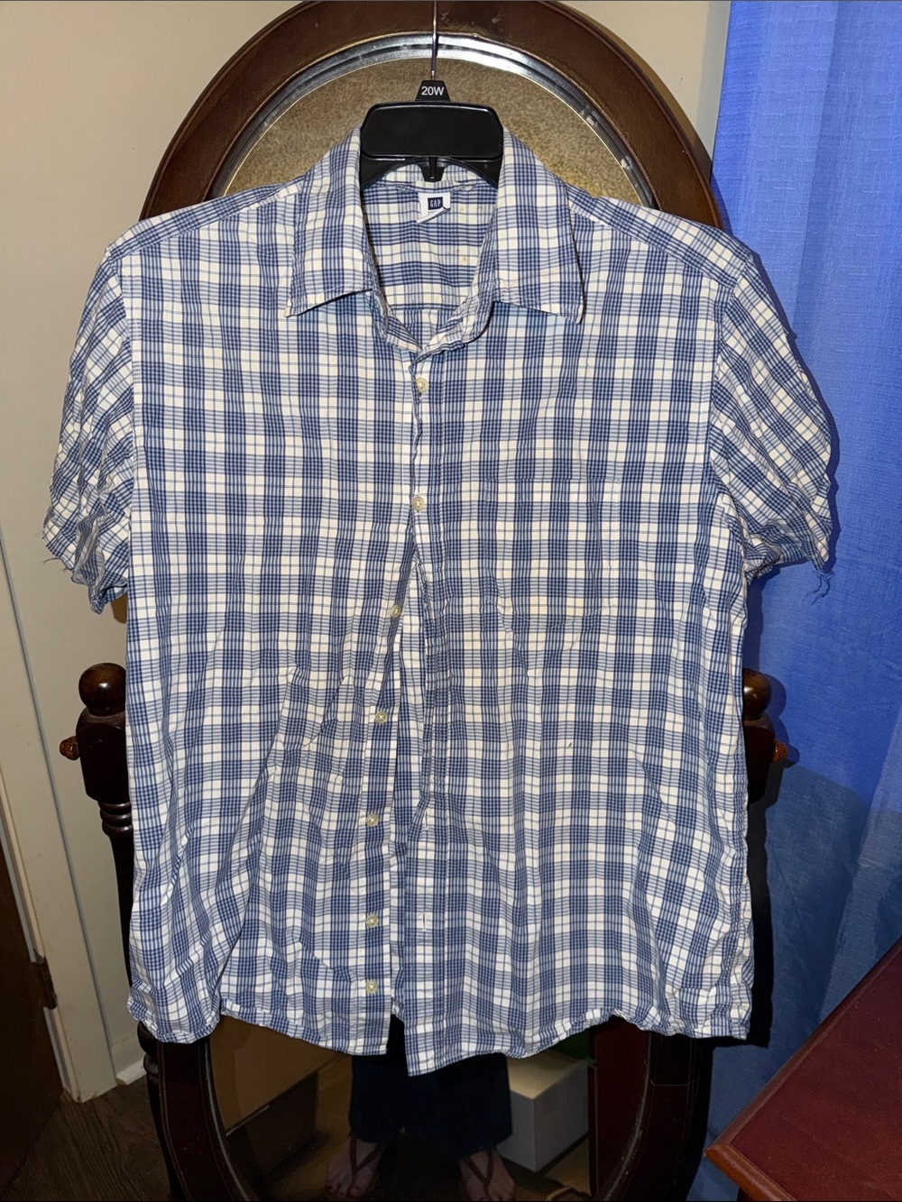 GAP Factory Blue and White Plaid Short-Sleeve Button-Down Shirt